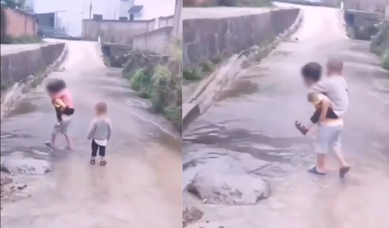 TikTok video viral niño carga a su hermanitos para que no se mojen los