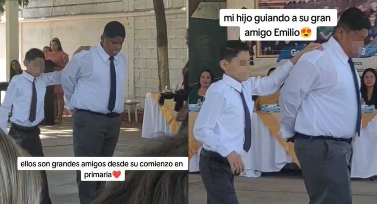 Niño ayuda a su amigo invidente a bailar vals de su graduación en el