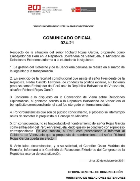 Perú Informa A Venezuela Que Propuesta Para Nombramiento De Richard