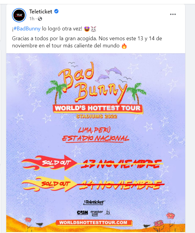 Bad Bunny Tickets for his second concert in Lima are sold out in just