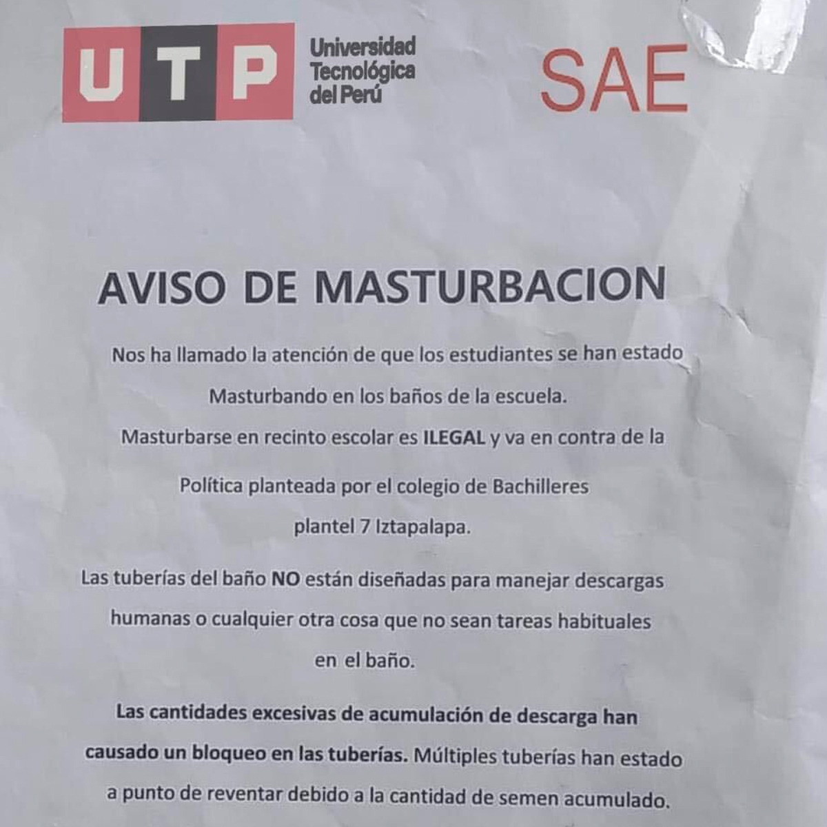 Facebook viral: ¿UTP advertencia a sus alumnos no masturbarse? Imagen es  falsa, foto | El Popular