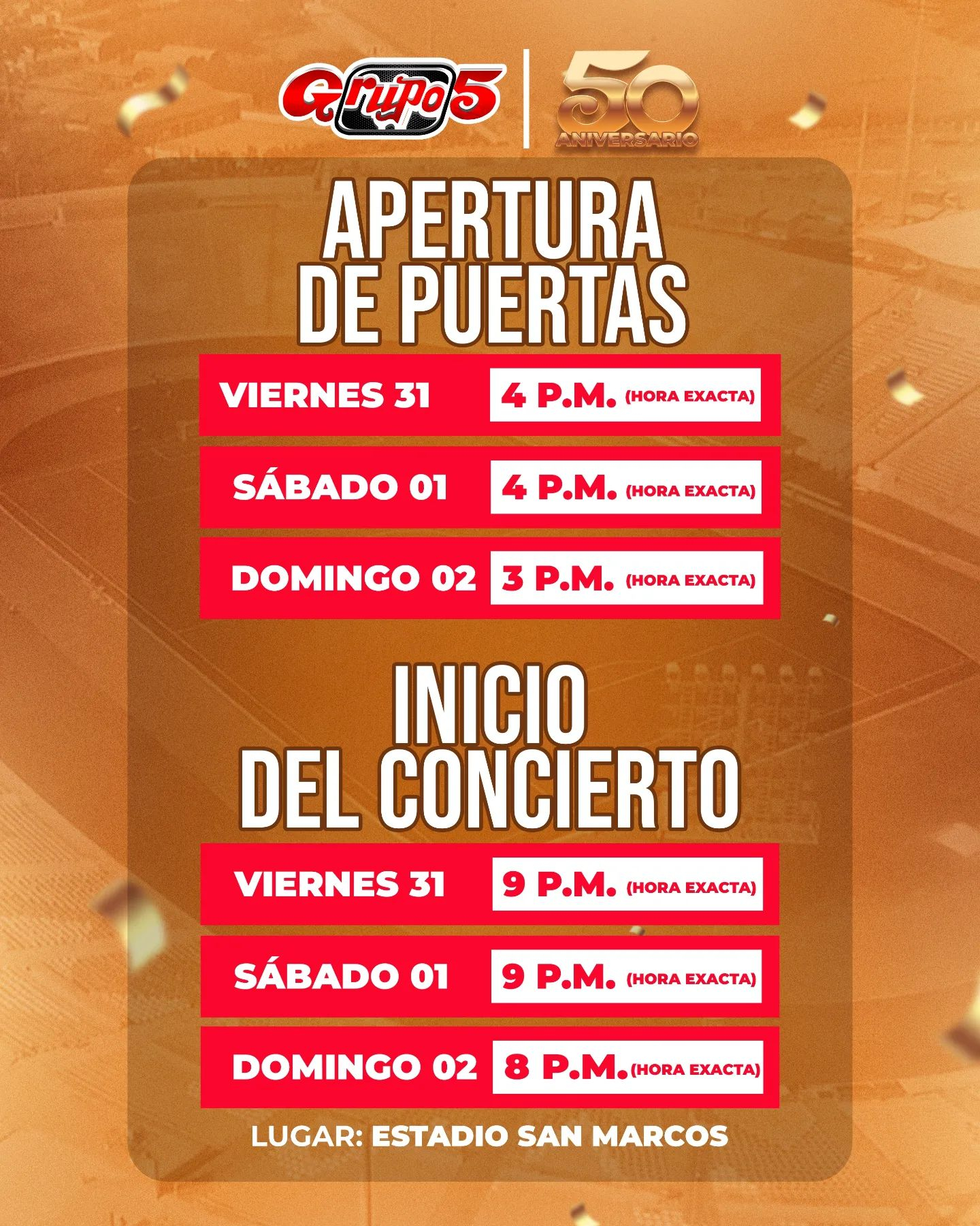 Grupo 5 In San Marcos What Time Will The Doors Open For All The Dates