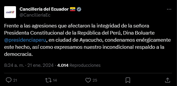 Cancillería de Ecuador rechazó las agresiones contra Dina Boluarte.
