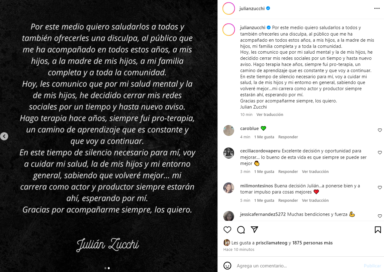 Julián Zucchi anuncia una pausa en sus redes sociales.