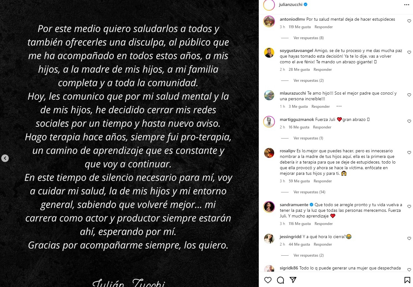 Mamá de Julián Zucchi comenta publicación de su hijo tras críticas por transmisión en vivo en estado de ebriedad.