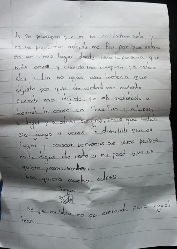 Carta dejada por la adolescente.