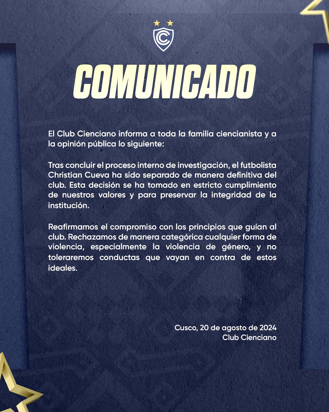 Comunicado de Cienciano sobre Christian Cueva