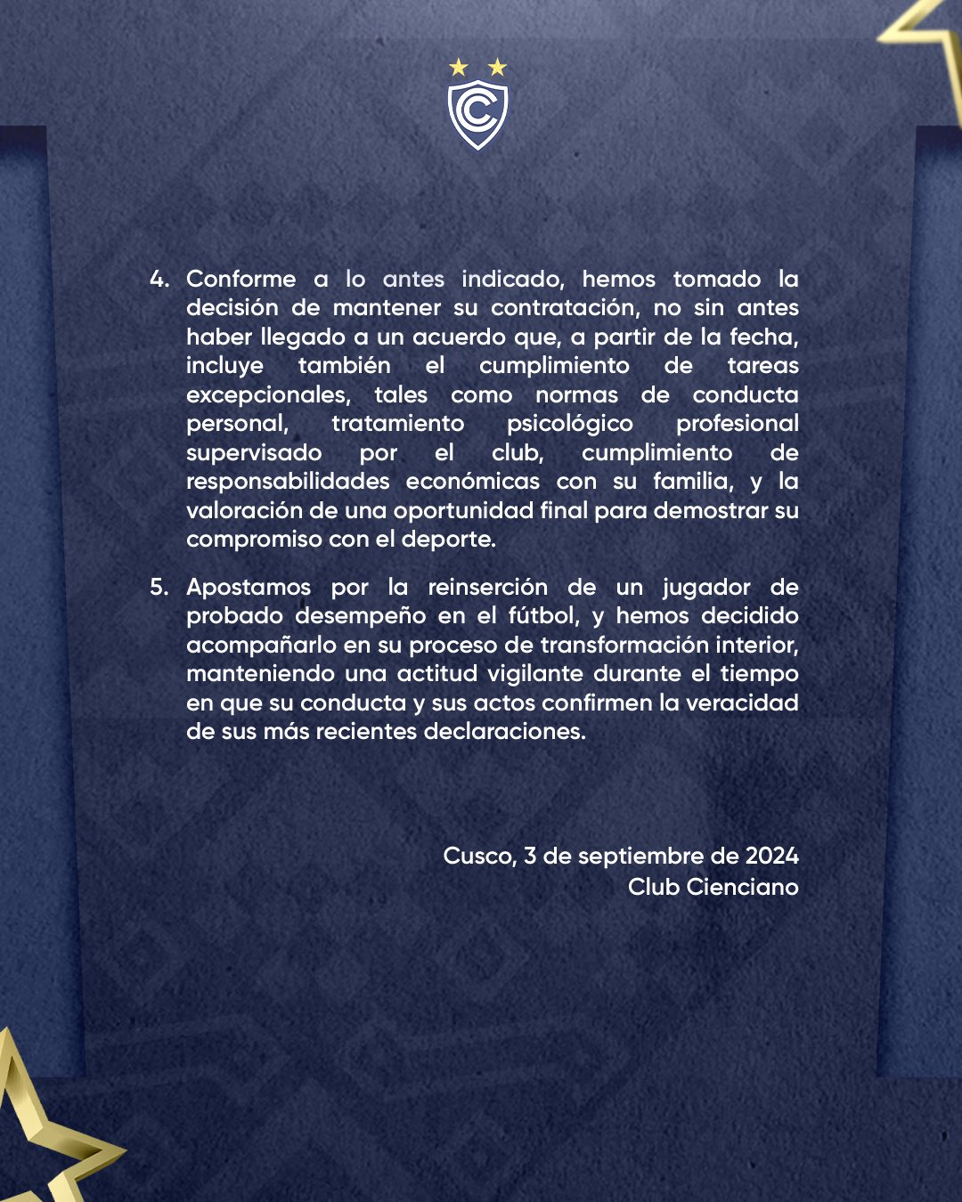 Comunicado de Cienciano sobre Christian Cueva. Foto: Instagram/Captura de pantalla 