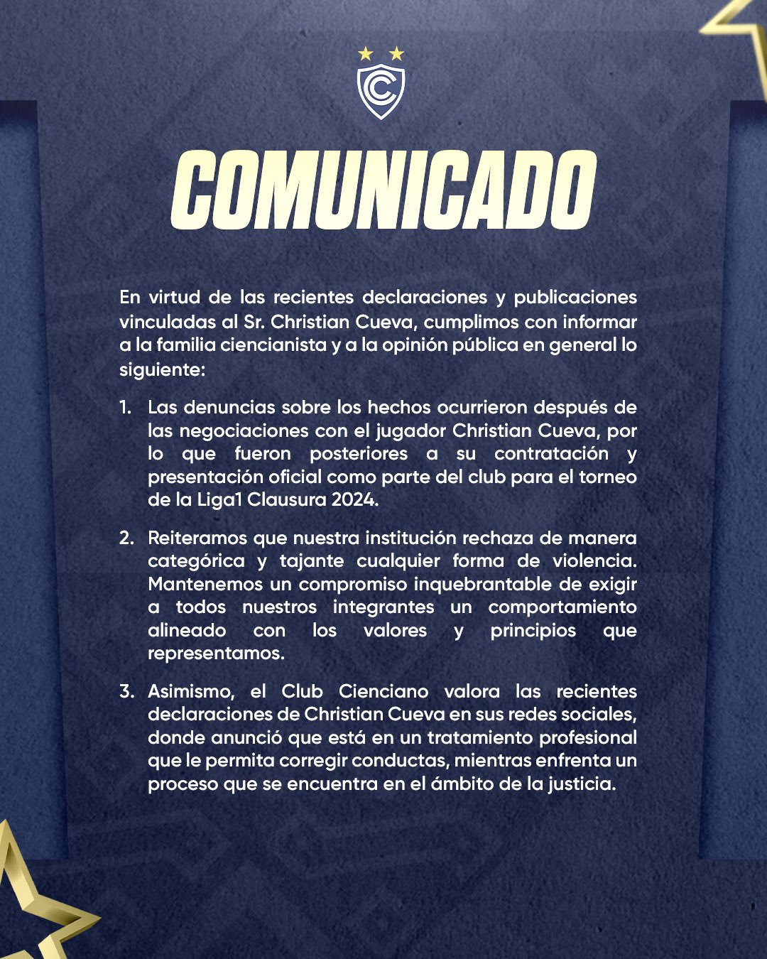 Comunicado de Cienciano sobre Christian Cueva. Foto: Instagram/Captura de pantalla 