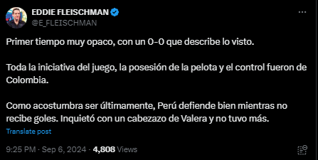 Eddie Fleischman crítica juego de la Selección Peruana ante Colombia. Foto: X/Captura de pantalla