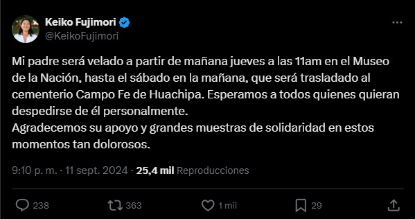 Keiko Fujimori da todos los detalles sobre el velorio y entierro de Alberto Fujimori.