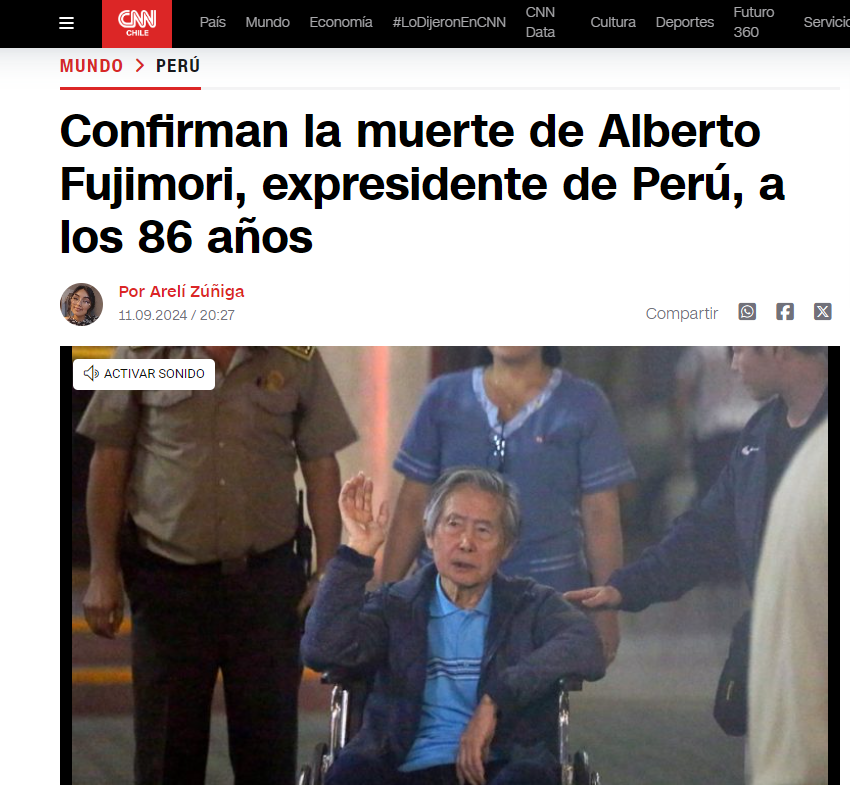 Confirman la muerte de Alberto Fujimori, expresidente de Perú, a los 86 años