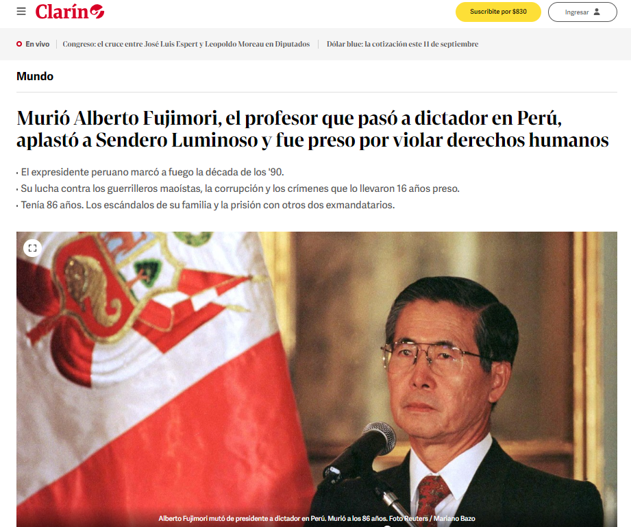 Murió Alberto Fujimori, el profesor que pasó a dictador en Perú, aplastó a Sendero Luminoso y fue preso por violar derechos humanos