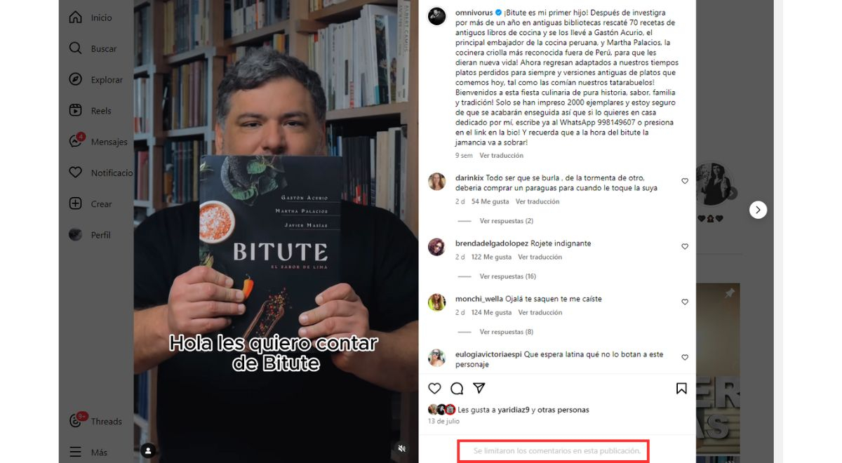 Javier Masías limita sus comentarios en redes. Fuente: Instagram.