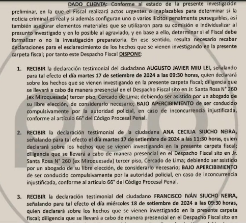 Ana Siucho es citada por la Fiscalía.