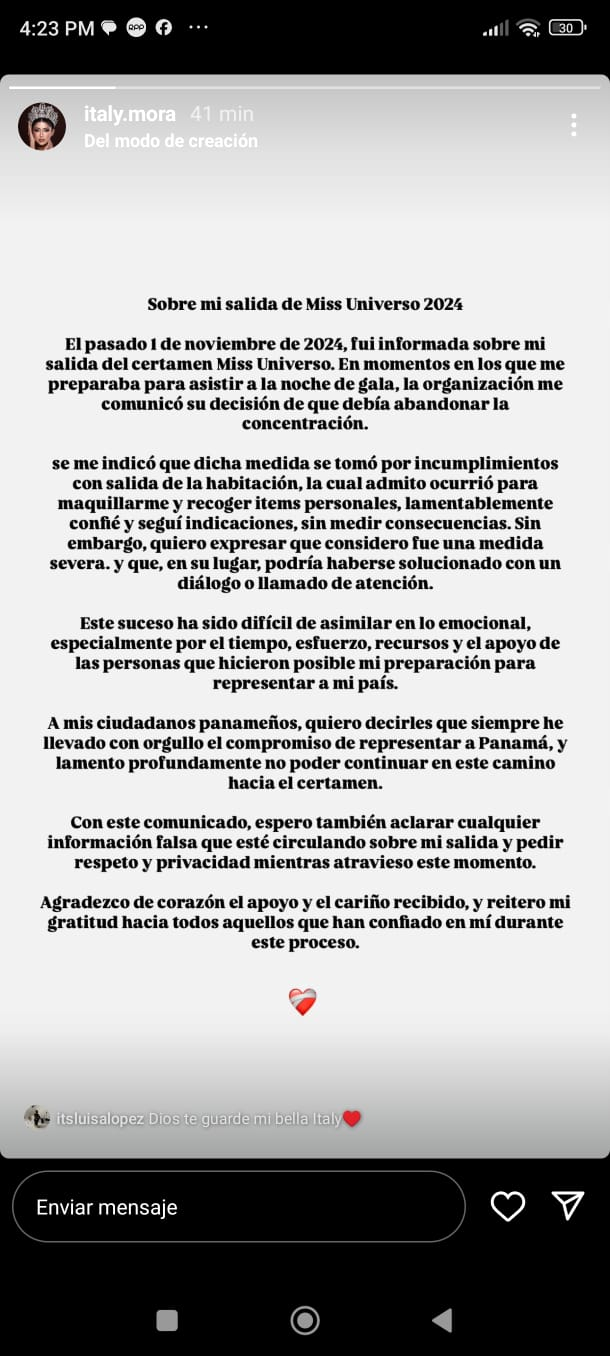 Comunicado tras expulsión de la Miss Universo Panamá del Miss Universo.  