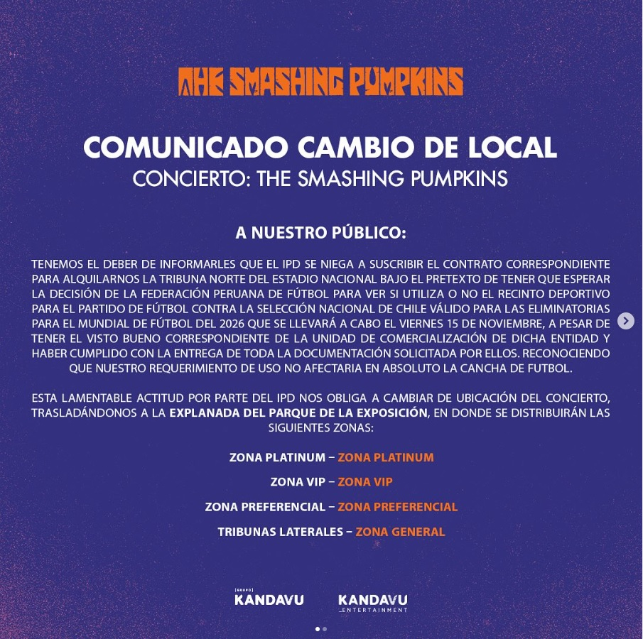 Kandavu anunció el cambio de local de The Smashing Pumkins.