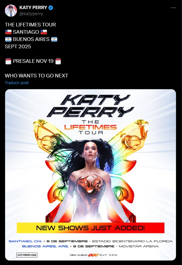 Katy Perry anunció los dos primeros países de Latino América para su gira 'The Lifetimes Tour' en 2025.