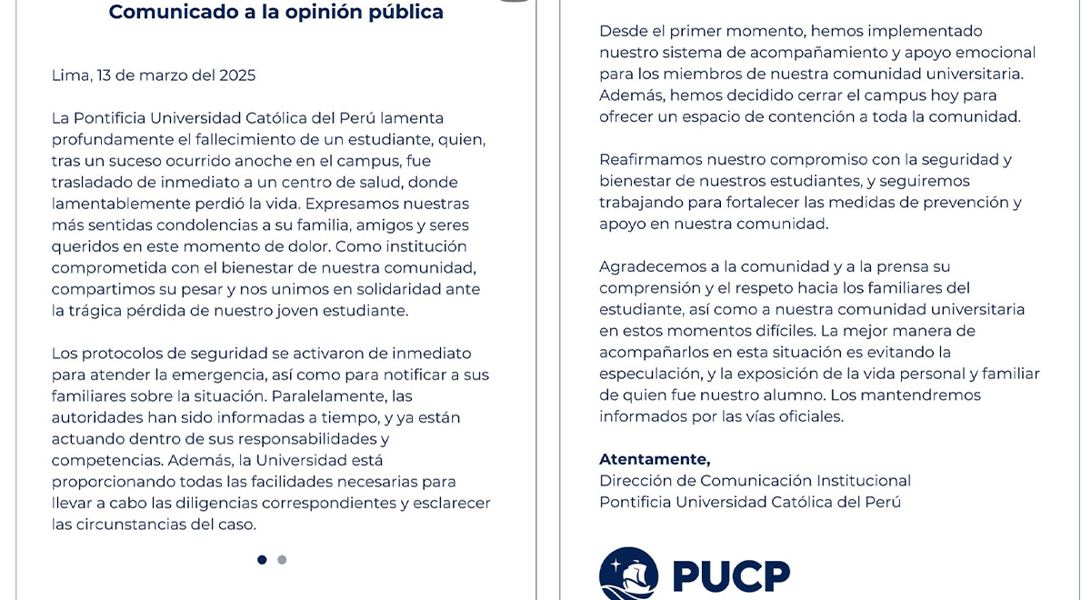 PUCP envía comunicado tras fallecimiento de su estudiante. 