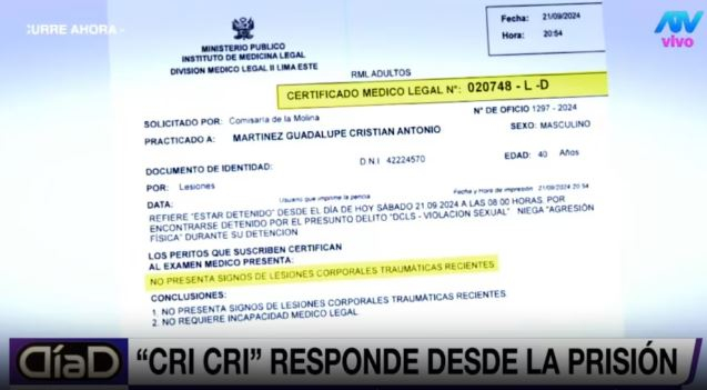  Exámenes forenses refutan la acusación de violación contra Cristian Martínez Guadalupe.Captura TV - Día D. 
