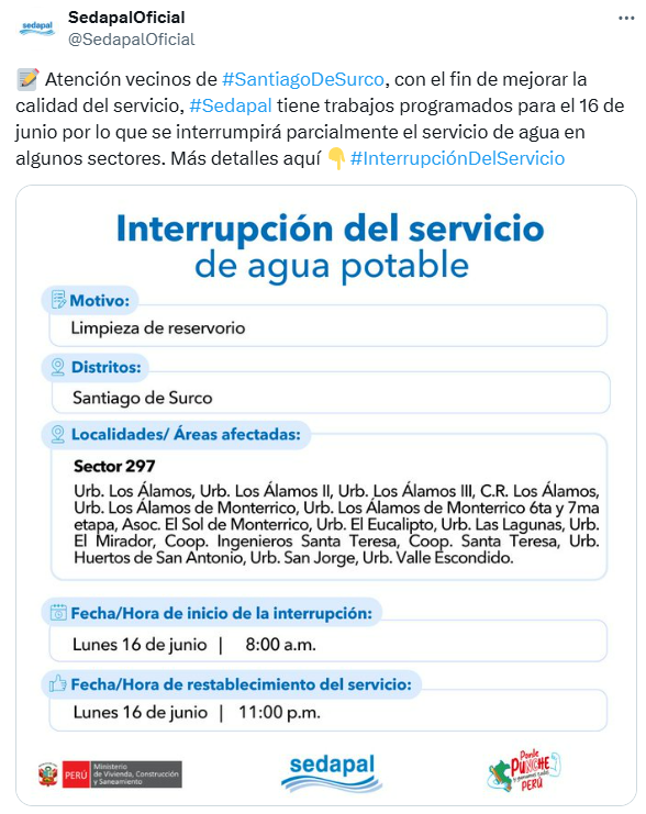 corte de agua en Surco
