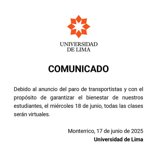 Universidad de Lima suspende sus clases presenciales este miércoles 18 de junio.