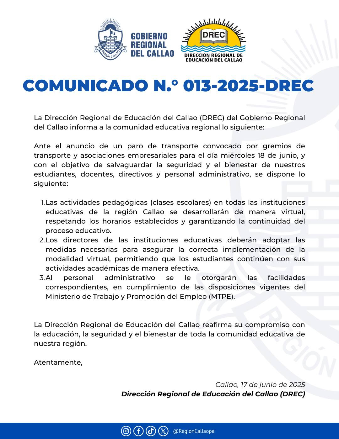 DREC Callao confirma clases virtuales este miércoles 18 de junio por paro de transportistas.