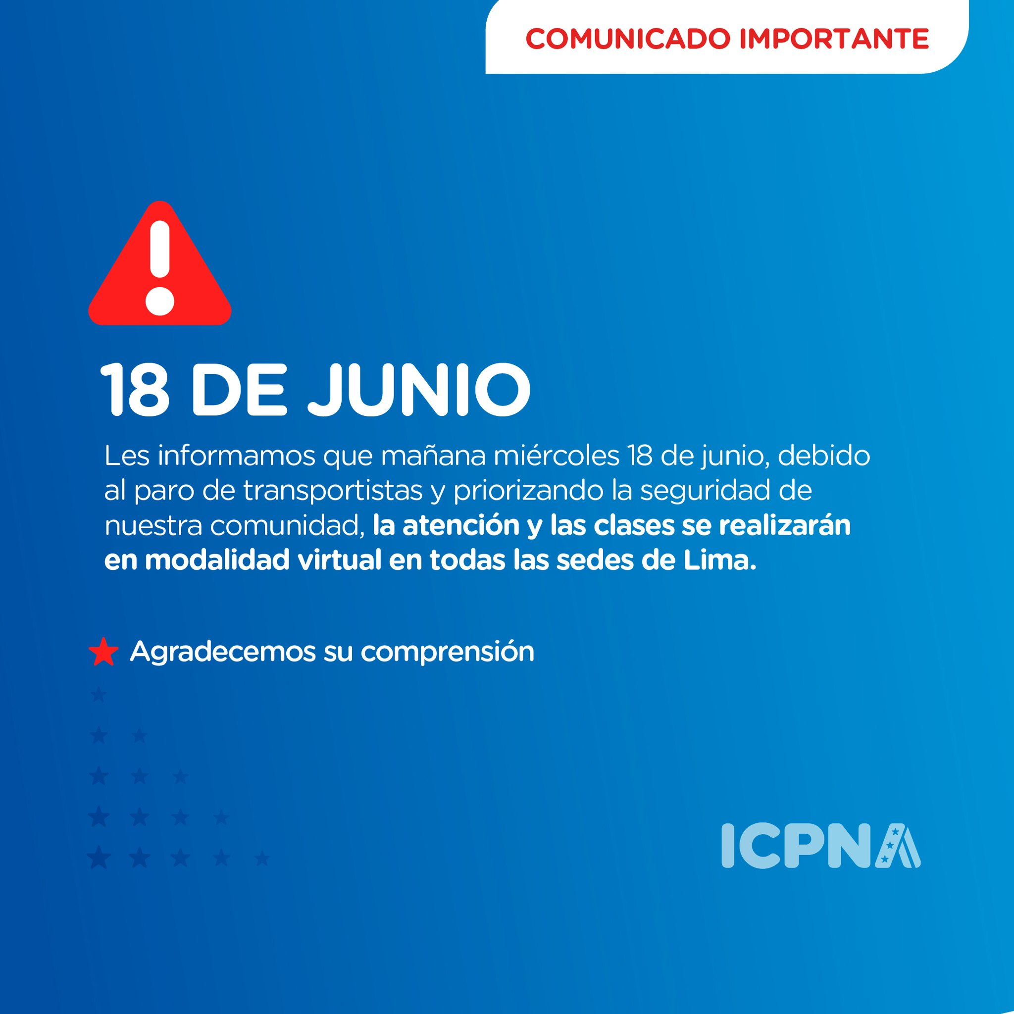 ICPNA suspende sus clases universitarias para este 18 de junio.
