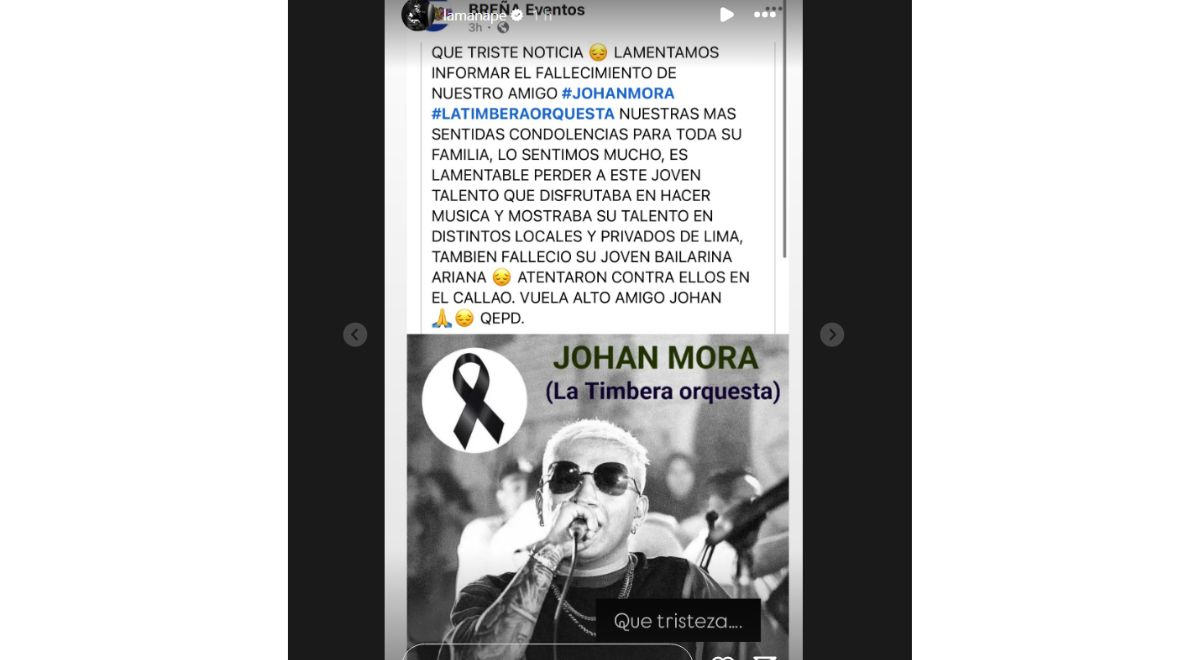 Cantor peruano de salsa de ‘La Timbera Orquesta’ morre junto com dançarina após ataque em Callao Cantor peruano de salsa de ‘La Timbera Orquesta’ morre junto com dançarina após ataque em Callao
