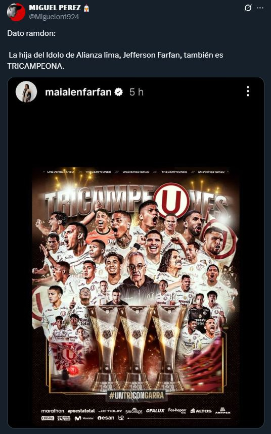 Torcedores do Universitario ficam chocados com a filha de Jefferson Farfan comemorando três campeonatos em suas redes Torcedores do Universitario ficam chocados com a filha de Jefferson Farfan comemorando três campeonatos em suas redes