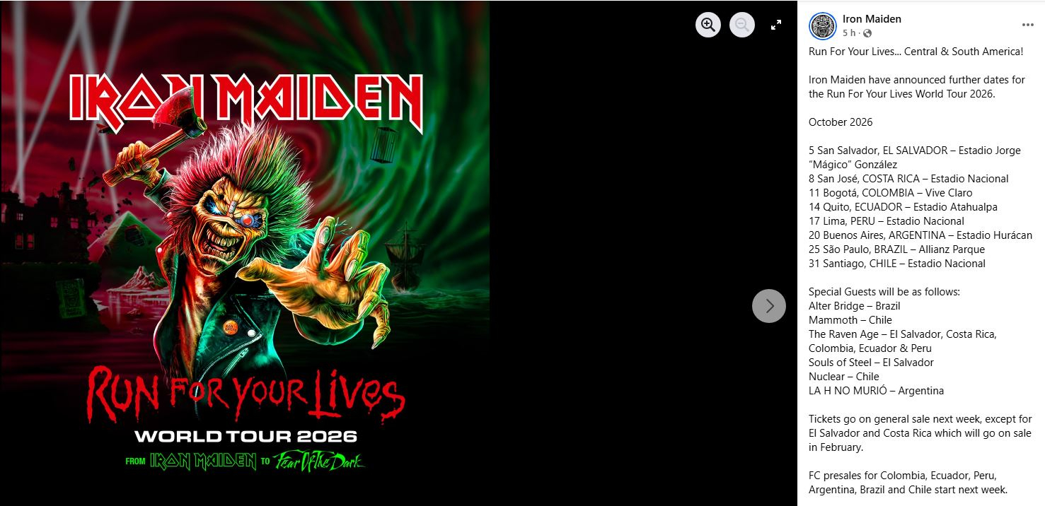 Iron Maiden 2026 em Lima: datas, pré-venda de ingressos, preços e todos os detalhes do grande show