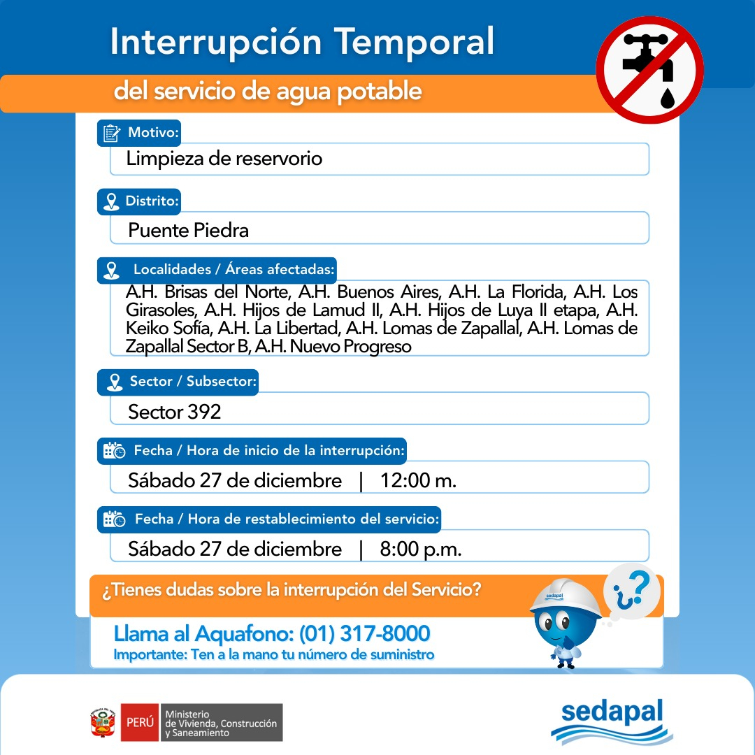 No dia 27 de dezembro, Puente Piedra teve um corte de água.