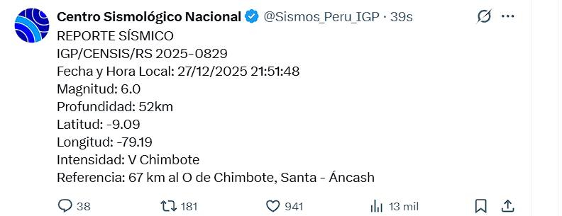 Peru hoje, 27 de dezembro de 2025: Onde e quando foi registrado o terremoto?