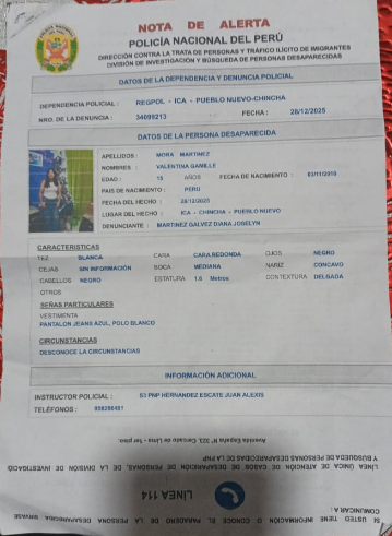 Menor com menos de 15 anos desaparece em Chincha: família apela por ajuda urgente para encontrá-la