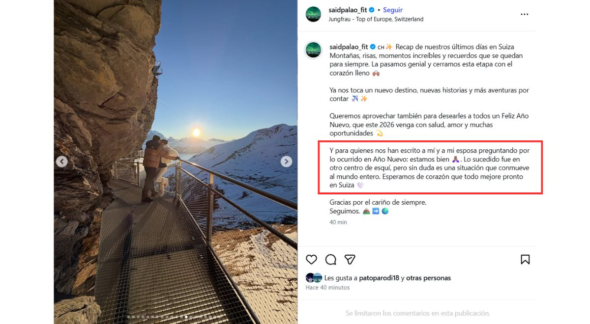 Confirmando o estado dele e de Alejandra Bygoria após a tragédia na Suíça que deixou 40 mortos, Palo disse: “O que aconteceu…”