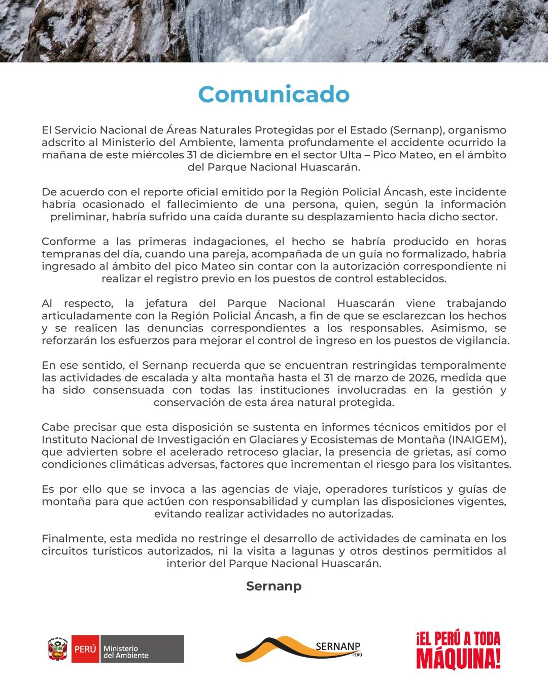 Um jovem morreu após cair enquanto escalava uma montanha em Ancash para o Ano Novo