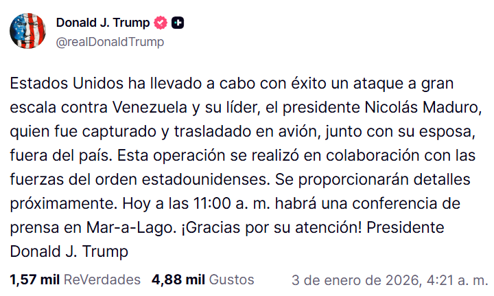 Confirmado | Donald Trump capturou o ditador Nicolás Maduro e o expulsou da Venezuela