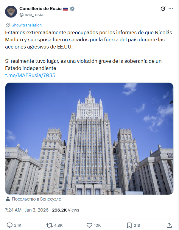 A dura resposta da Rússia após a captura de Nicolás Maduro: “Este tipo de ações…”