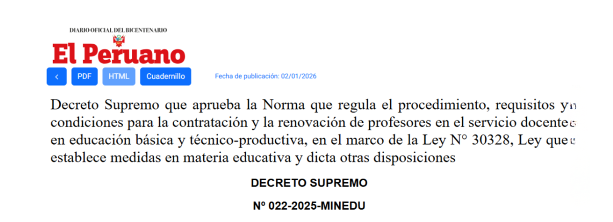 Contrato docente 2026: Minedu revela requisitos para inscrição ou renovação de vaga na UGEL