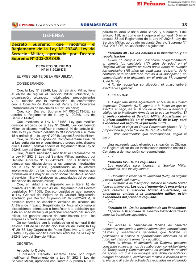 Registro militar obrigatório no Peru em 2026: como se registrar e quanto será multado por não fazê-lo
