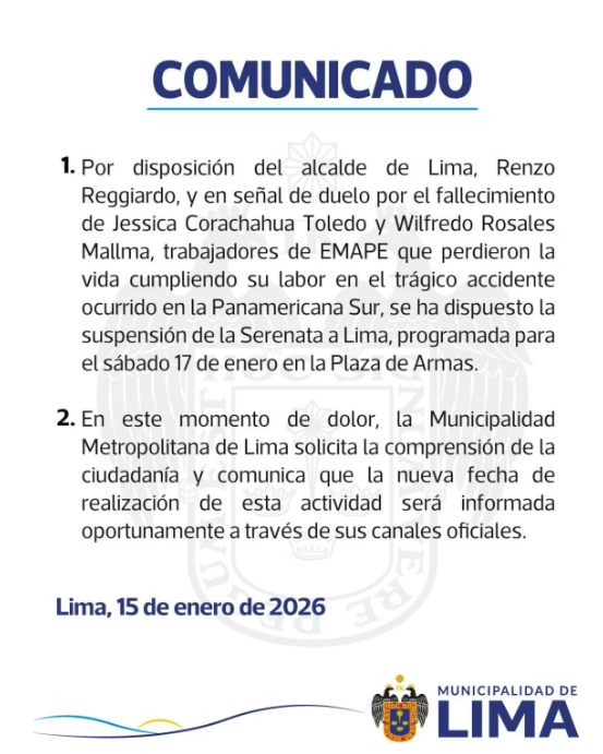 Serenata em Lima suspensa por luto pela morte de servidores municipais: quando é a nova data?