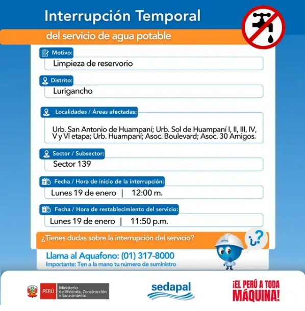 A Sedapal anunciou que o abastecimento de água será interrompido em Lurigancho na segunda-feira, 19 de janeiro.