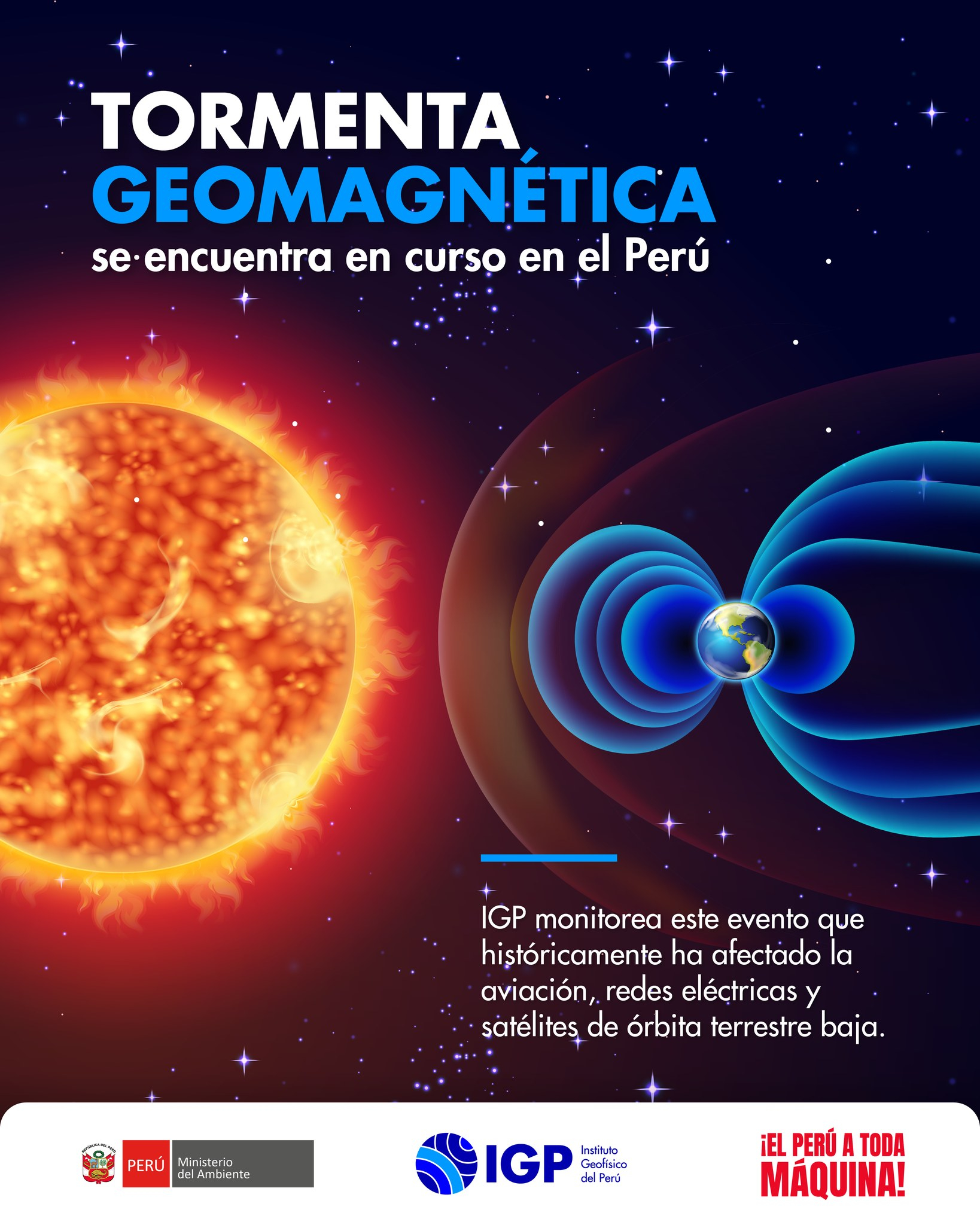 Peru enfrenta a maior tempestade geomagnética em 20 anos: redes elétricas e aviação afetadas, segundo IGP