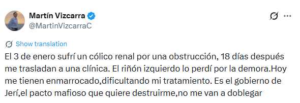 Revelação inesperada sobre o estado de saúde de Martin Vizcarra: “Perdi o rim esquerdo…”