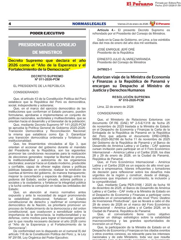 Confirmado | Nome do ano 2026: Governo publicou Decreto Supremo em nome oficial