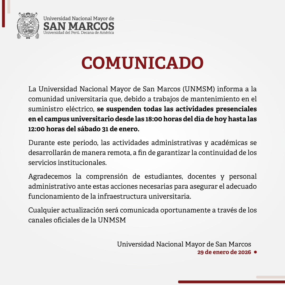 UNMSM suspende suas atividades presenciais até 31 de janeiro: O que aconteceu com o reitor da América?