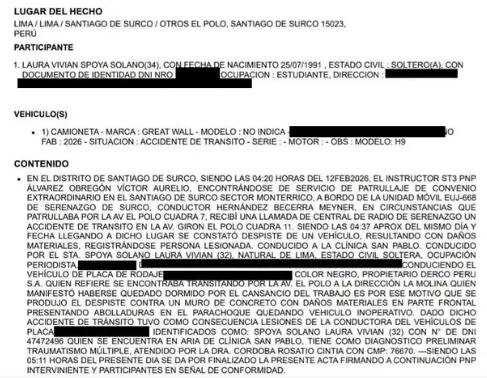 O boletim de ocorrência expõe o diagnóstico médico de Laura Spoa, que foi internada após acidente com seu caminhão.