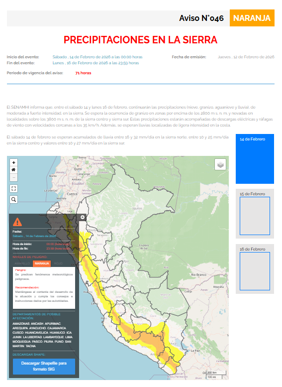 Peru sob ameaça Exército alerta sobre fenômenos perigosos e ativa alerta em mais de 15 áreas a partir de 14 de fevereiro
