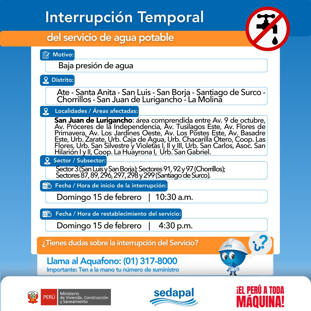 O fornecimento de água será interrompido no domingo, 15 de fevereiro.