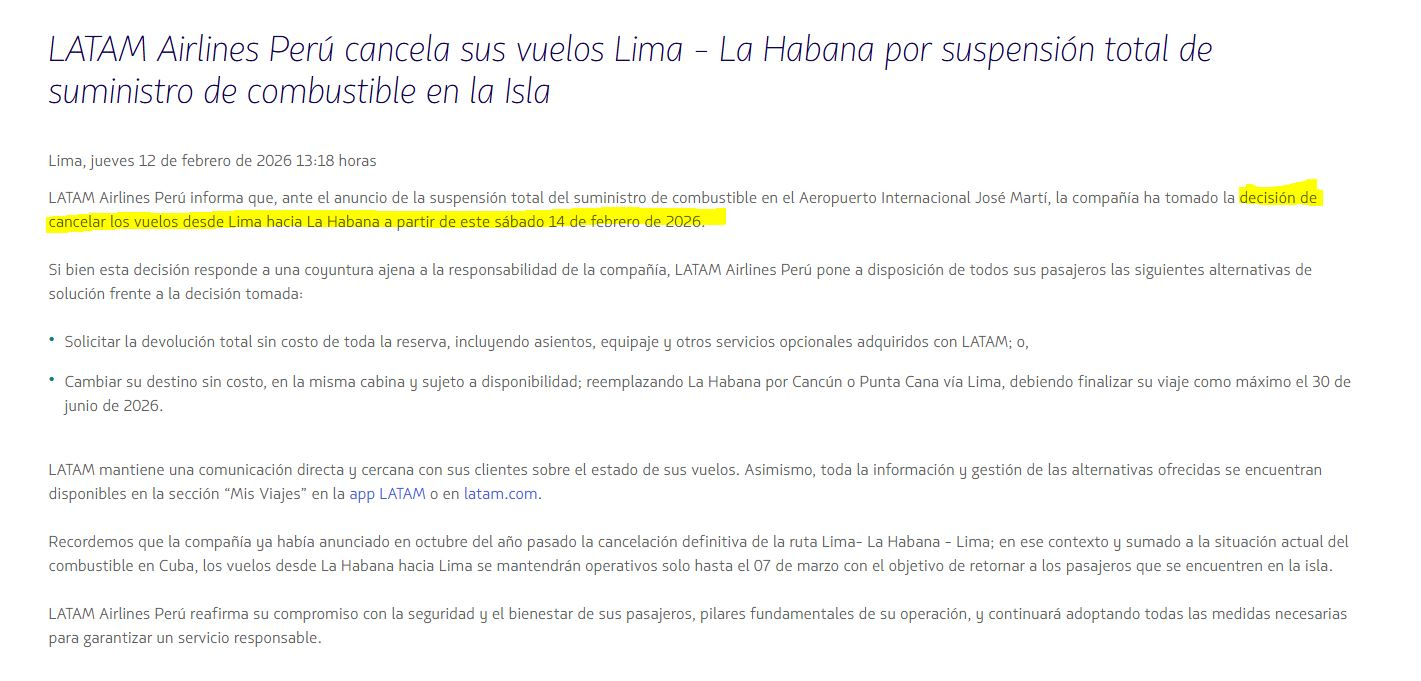 Confirmado | A LATAM cancelou voos de Lima para o país caribenho devido à falta de combustível.